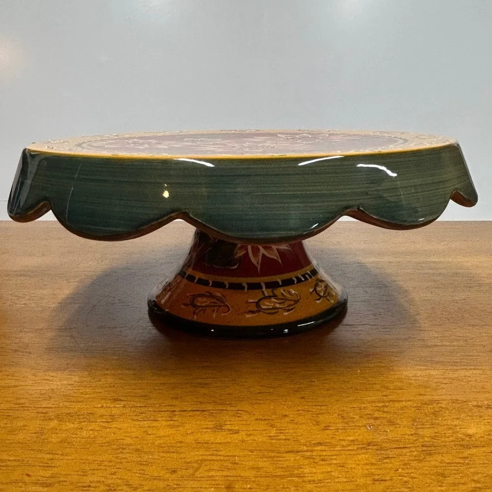 Pier 1 Imports Sunflower Hand Painted Terracotta Cake Stand Pedestal Server
